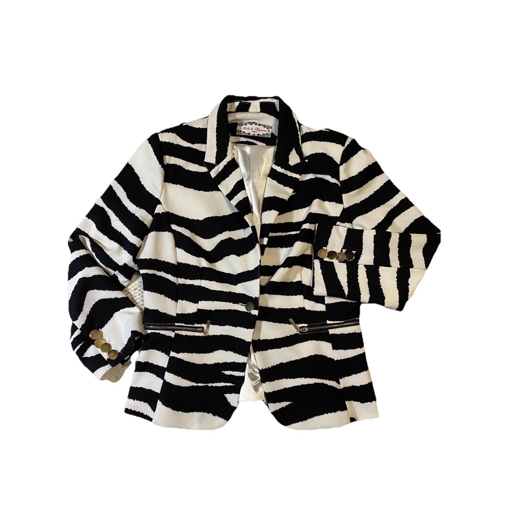 Lili la Tigresse Paris Zebra Stripe Blazer Jacket Gold Buttons Faux Pockets Sz S
